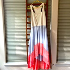 Maxi dress, cream blue and peach